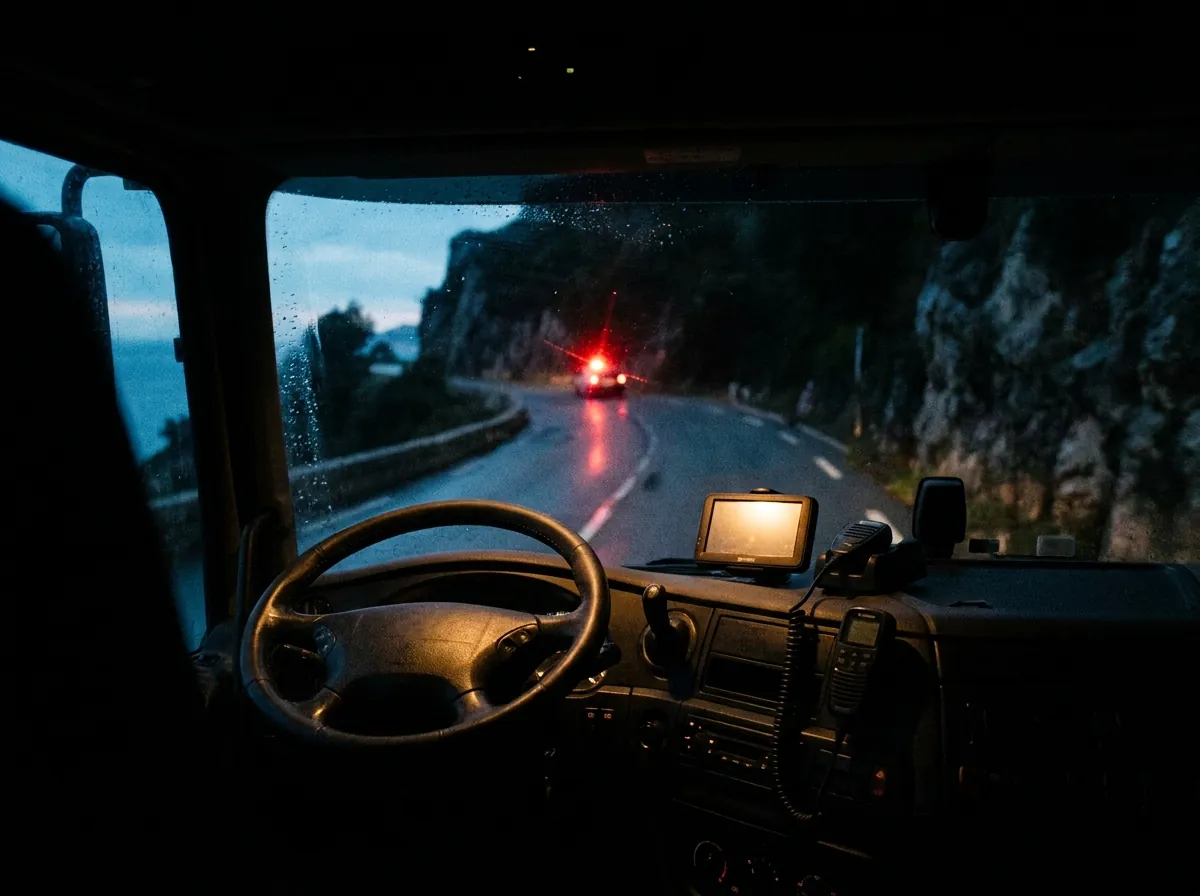 Vue depuis la cabine d'une dépanneuse sur une route du littoral des Alpes-Maritimes
