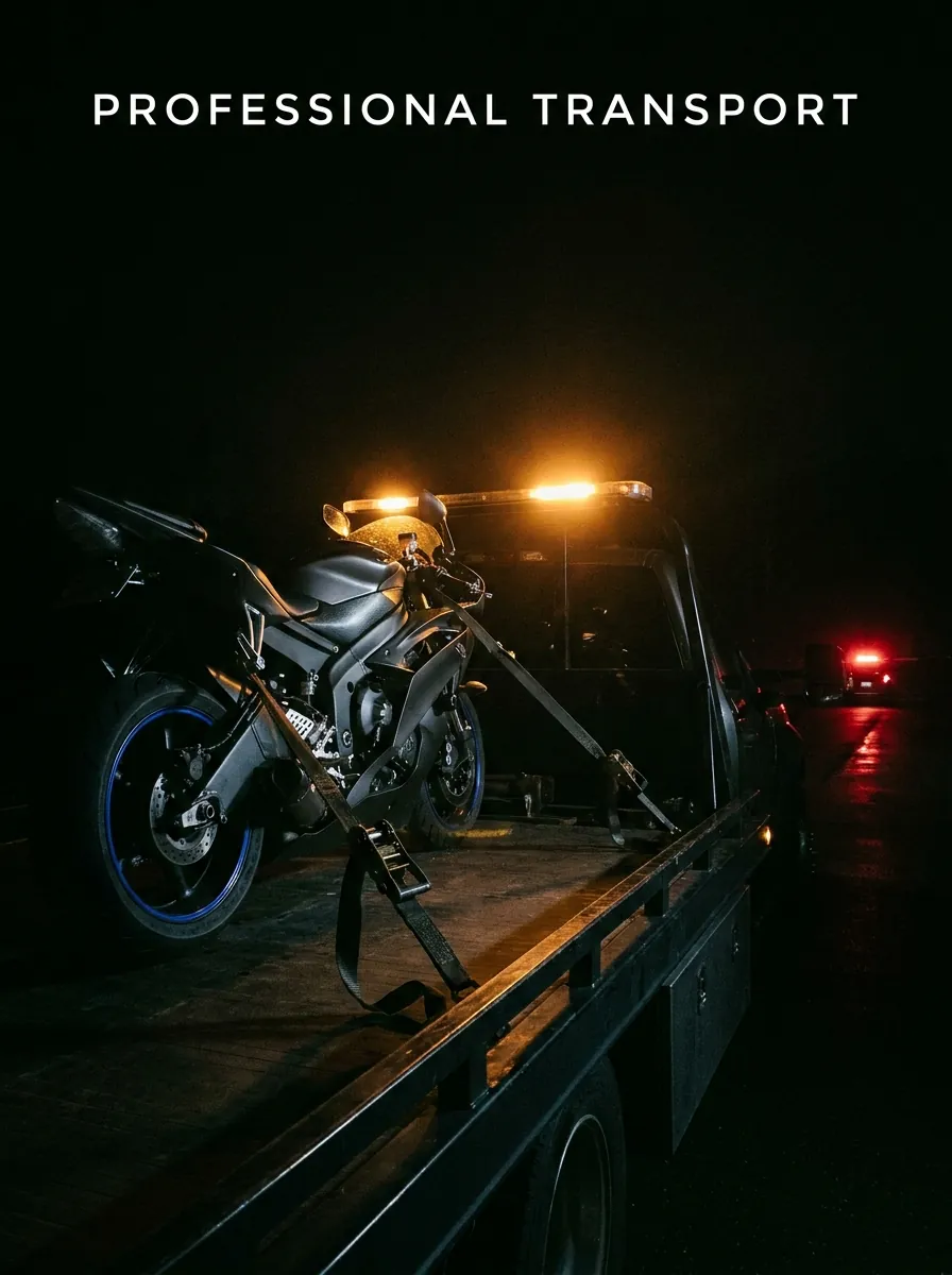 Moto sportive sanglée sur le plateau d'une dépanneuse pour un transport depuis Cannes, TC Dépannage